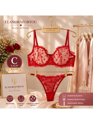 Elanora Amore Kırmızı, Pembe, Mavi Kalp Nakışlı Dantelli Desteksiz Transparan Sütyen Külot Takımı