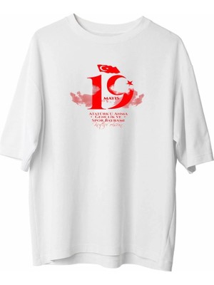 Zenviaa 19 Mayıs Atatürk Temalı Gençlik ve Spor Bayramı Bisiklet Yaka T-Shirt - Beyaz Zenviaac1
