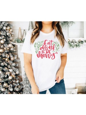Zenviaa Yılbaşı Noel Baskılı Kısa Kollu Oversize Bisiklet Yaka T-Shirt - Beyaz ZENVIAAC12