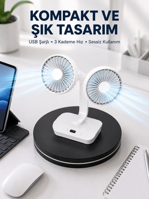 Zenviaa 720° Döner Çift Taraflı Masaüstü Vantilatör – USB Şarjlı Sessiz Fan ZNV20245