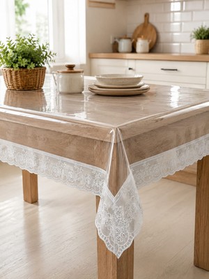 Şeffaf Pvc Kenar Güpürlü Muşamba Masa Örtüsü 120 x 150 Ebat 0.22 mm Kalınlık