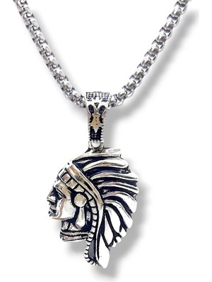 Ak Store Silver Amerika Yerlisi Apache Şef Figürlü K-190 Gümüş Kaplama Paslanmaz Kromix Çelik Kolye