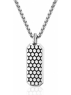 Ak Store Silver Petek Desenli Diktörtgen Sade Şık K-189 Gümüş Kaplama Paslanmaz Kromix Çelik Kolye