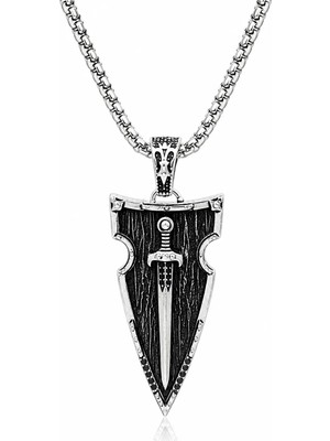Ak Store Silver Erkek, Kalkan Kılıç Kolye K-186 Gümüş Kaplama Paslanmaz Kromix Çelik Kolye Madalyon