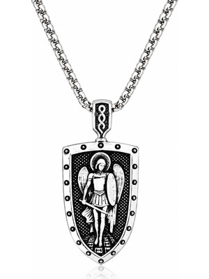 Ak Store Silver Erkek, Başmelek Mikail Koruyucu Melek K-185 Paslanmaz Kromix Çelik Gümüş Kaplama Kolye Madalyon