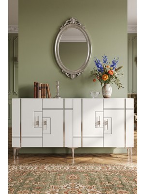 Yumedi Design KA1542BS - Ilay Konsol, Tv Sehpası, Çok Amaçlı Dolap ve Kahve Köşesi 150CM Beyaz-Silver