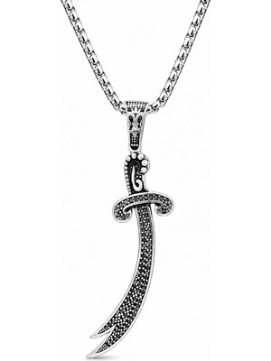 Ak Store Silver Erkek, Zülfikar Kılıç Safir, Siyah ve Garnet Zirkon Taşlı K-182 Paslamaz Kromix Çelik Gümüş Kaplama Kolye Madalyon