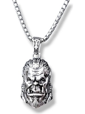 Ak Store Silver Erkek, Ork Savaşcı Kafası Figürlü Fantastik K-177 Paslanmaz Kromix Çelik Gümüş Kaplama Kolye