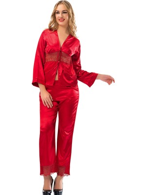 Semira Kırmızı Saten Pijama Takımı - 1601