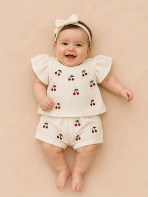 Zuzi Baby Kız Bebek Kiraz Nakışlı Müslin Bebek Takımı