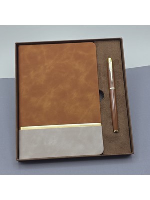 Aesco Kutulu Altın Şeritli Deri Defter ve Kahverengi Metal Roller Kalem Set