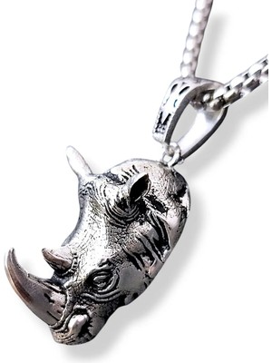 Ak Store Silver Erkek, Gergedan Başı Figürlü Gücün Sembolü K-178 Paslanmaz Kromix Çelik Gümüş Kaplama Kolye