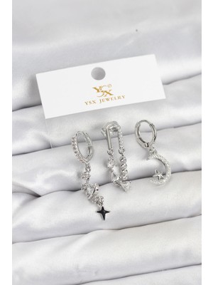 Aesco Pirinç Gümüş Renk Zirkon Taşlı Uzay Model Ysx Trio Küpe Seti TJ-BKP11569