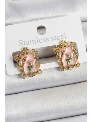 Aesco Pirinç Pembe Mineli Sanatsal Portre Model Gold Renk Kadın Küpe TJ-BKP10685