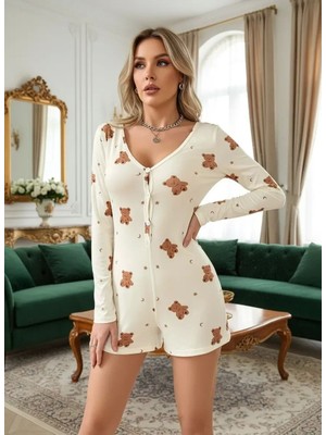 Beruflic Kadın Bej Ayıcık Desenli Pijama Tulumu Yumuşak Rahat Ev Giyimi Şık Özel Tasarım Under Moda