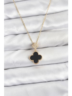 Aesco 316L Çelik Zincir Gold Renk Yonca Model Zirkon Taşlı Kadın Kolye - TJ-BKO10863