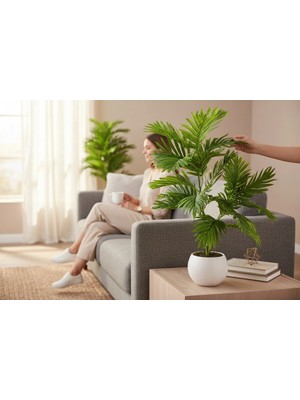 Empressco Yapay Çiçek Areka Palmiye Ağacı 100 cm 20 Yaprak Salon Çiçeği Yapay Bitki Saksı Beyaz Küre