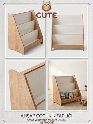 Cute Wood Doğal Ahşap Montessori Çocuk Yer Kitaplığı - 3 Raflı Çocuk Odası Kitaplık ve Oyuncak Düzenleyici Organizer