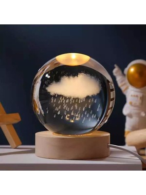 Veraura Lifestyle Işıklı Kristal Cam Küre - Yağmur Bulutu Tasarımlı - Ahşap Altlıklı - USB Gece Lambası