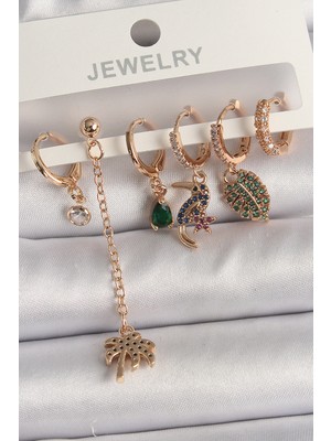 Aesco Pirinç Gold Renk Sallantı Zirkon Taşlı Ağaç Figür Kadın Küpe Seti TJ-BKP10118