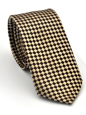 Empressco Kahverengi Piti Kare Desenli Bej Dokuma Kumaş Mendilli Slim Fit Kravat // SDK-2503-5