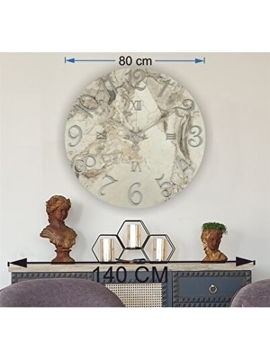Maison Luré Mermer Desenli Gri Renkli Büyük Duvar Saati, 80CM Çap, Şık Dekorasyon