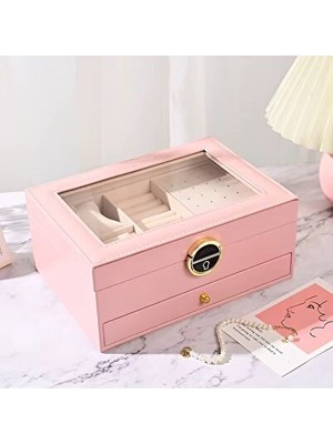 Maison Luré Deri ve Kadife Kaplı Çekmeceli Takı Kutusu - Pembe Makyaj & Takı Organizeri