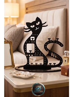 Maison Luré Kedi Figürlü Dekoratif Takı ve Küpe Standı, Ahşap ve Lazer Kesim Tasarım Makyaj & Takı Organizeri