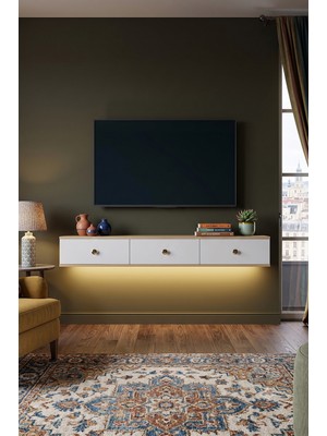 Yumedi Design TDAL1801DB - Ledli Miko Duvara Montaj Tv Stand , Tv Sehpası 180CM Safirmeşe-Beyaz