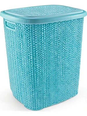 Maison Luré 65 Litre Kapaklı Plastik Kirli Çamaşır Sepeti, Örgü Desenli ve Turkuaz Renk