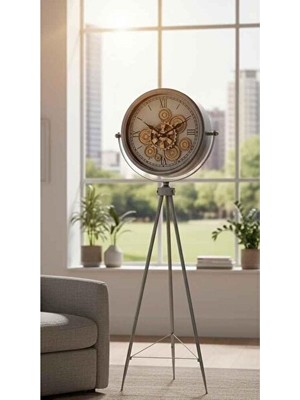 Maison Luré Mat Gri Çark Detaylı Tripod Ayaklı Dekoratif Duvar Saati