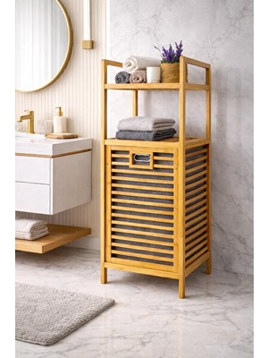 Maison Luré Kapaklı Gri Bambu Raflı Çamaşır Sepeti - Premium Banyo Organizeri