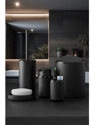 Eco Lounge Yuvarlak Siyah 5 Parça Banyo Seti Çöp Kovası Fırça Sabunluk Diş Fırçalık Aksesuar