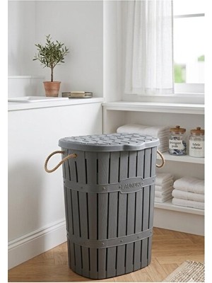 Maison Luré Antrasit Bambu Görünümlü Kapaklı 64 Lt Kirli Çamaşır Sepeti