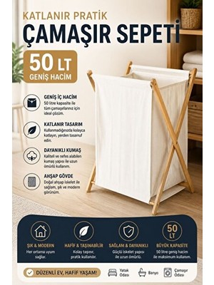 Maison Luré Bambu Katlanabilir Çamaşır Sepeti, Ahşap Görünüm ve Organizer