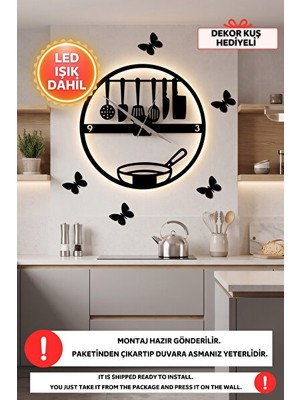 Maison Luré LED Işıklı Siyah Ahşap Mutfak Duvar Saati, Sessiz ve Modern