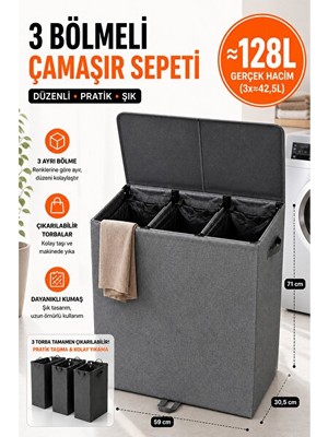 Maison Luré 3 Bölmeli Kapaklı Çamaşır Sepeti, 128 Litre Geniş Hacim ve Taşınabilirlik