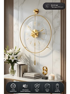 Maison Luré Gold Serisi Kırılmaz Tamper Cam ve Metal Çemberli Modern Duvar Saati