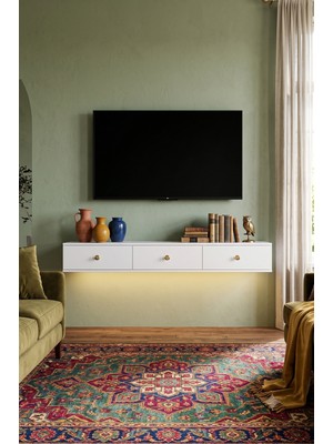 Yumedi Design TDAL1801B - Ledli Miko Duvara Montaj Tv Stand , Tv Sehpası 180CM Beyaz