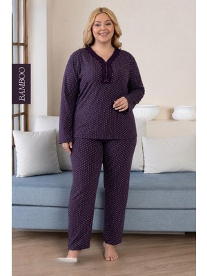 Derya Kadın Büyük Beden Dantel Yaka Bambu Uzun Kol Ince Pijama Takımı 8107M - 1 Adet