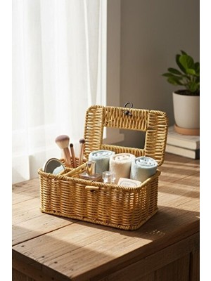 Maison Luré Kapaklı Doğal Rattan Görünümlü Hasır Düzenleyici - Makyaj, Takı ve Havlu Or Sepet
