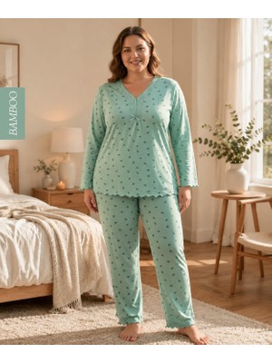 Derya Kadın Büyük Beden Dantel Yaka Bambu Uzun Kol Ince Pijama Takımı 8141Y - 1 Adet