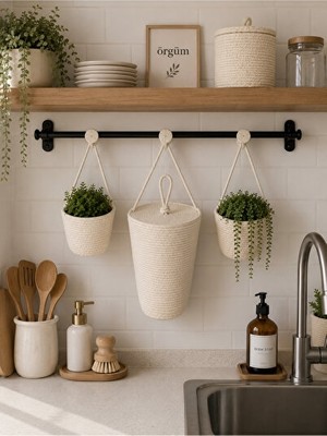 Maison Luré Mini Kırık Beyaz Poşetlik ve Sepet Seti, Dekoratif ve Pratik