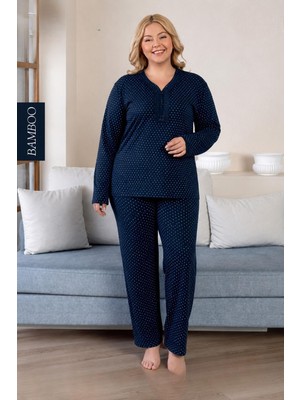 Derya Kadın Büyük Beden Dantel Yaka Bambu Uzun Kol Ince Pijama Takımı 8105L - 1 Adet
