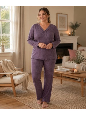Derya Kadın Büyük Beden Dantel Yaka Bambu Uzun Kol Ince Pijama Takımı 8142L - 1 Adet
