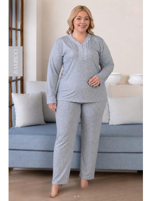 Derya Kadın Büyük Beden Dantel Yaka Bambu Uzun Kol Ince Pijama Takımı 8116G - 1 Adet