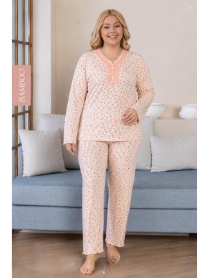 Derya Kadın Büyük Beden Dantel Yaka Bambu Uzun Kol Ince Pijama Takımı 8109P - 1 Adet