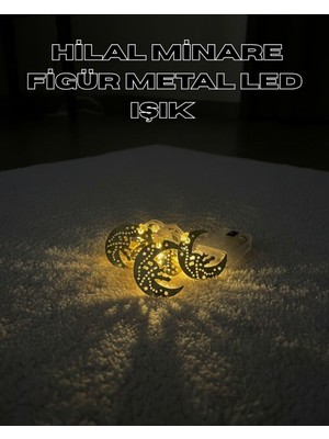 Hsc Bilişim Gold Renk Metal Minareli Hilal LED Işık Pilli Ramazan Süsü