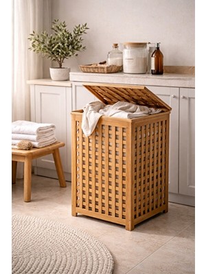 Maison Luré Modern Bambu Kapaklı Kirli Çamaşır Sepeti, Banyo ve Çamaşır Odası Düzeni
