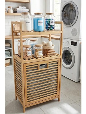 Maison Luré Bambu Dikey Raflı Çamaşır Sepeti, 40X30X95 cm ve Çok Fonksiyonlu Tasarım